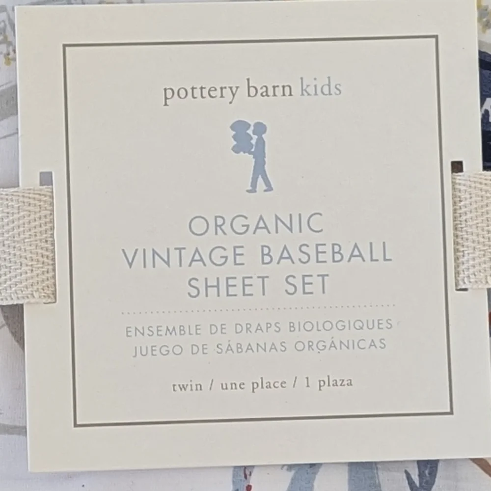 Pottery Barn Kids Vintage Baseball Organic Sheet Set - White, Navy, Tan Sz Twin - Picture 2 of 6